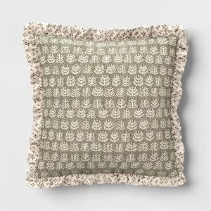 Threshold Square Block Print Reversible Pillow with Ruffle Trim Green